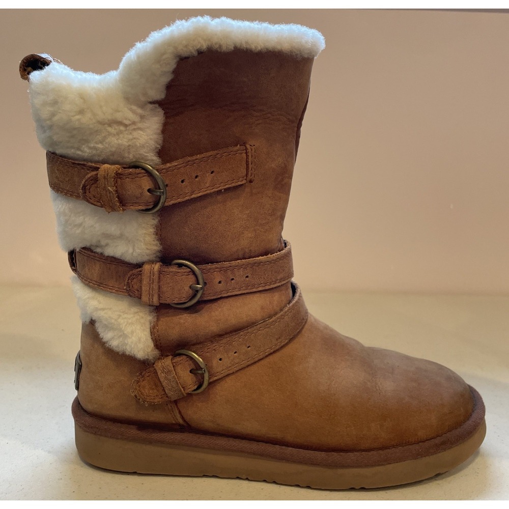 UGG Australia Beckett Boots Womens Size 7 Light Brown Suede Shearling Buckle - Picture 2 of 16